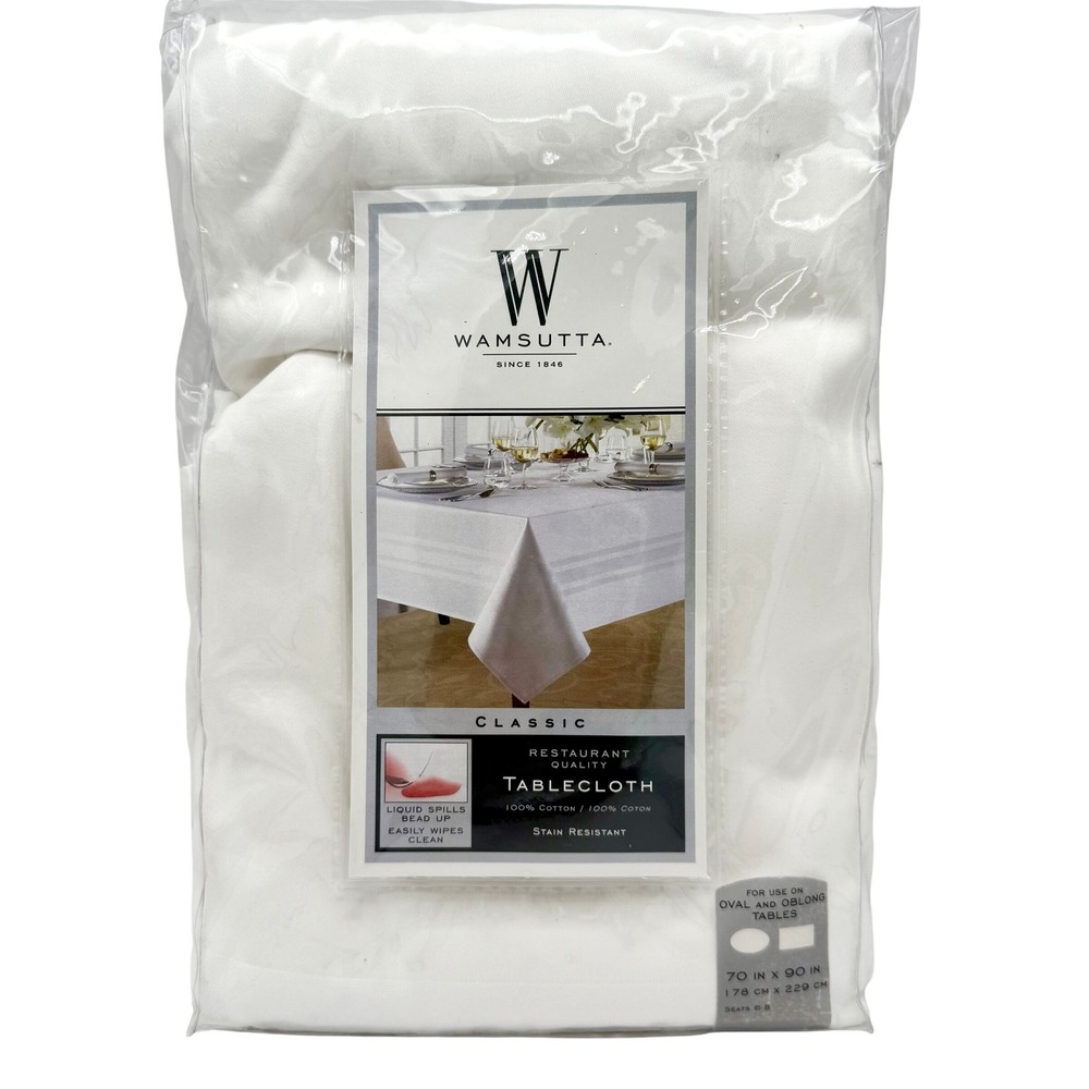 Wamsutta Tablecloth Oval Oblong 70x90 White New 100% Cotton Stain Resistant